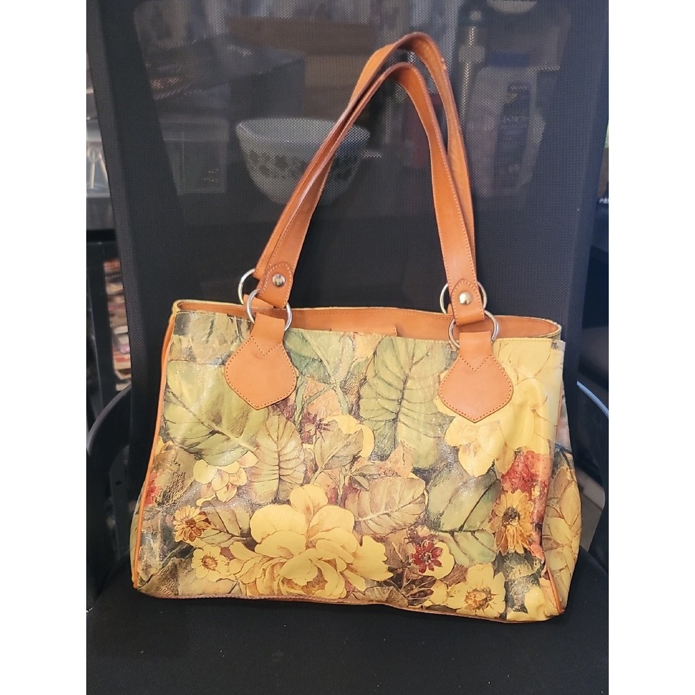 Maurizio Taiuti Yellow Floral Tote with Tan Handles